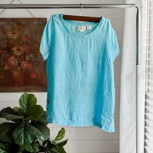 Cynthia Rowley Aqua Short-Sleeve Linen Top